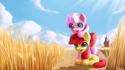 Size: 3840x2160 | Tagged: safe, artist:robsa990, character:apple bloom, character:diamond tiara, species:pony, fanfic:why am i crying, adorabloom, cute, dawwww, diamondbetes, high res, open mouth, scenery, sweet apple acres