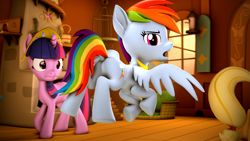 Size: 3840x2160 | Tagged: safe, artist:psfmer, character:applejack, character:rainbow dash, character:twilight sparkle, species:pegasus, species:pony, species:unicorn, episode:keep calm and flutter on, g4, my little pony: friendship is magic, 3d, 4k, big crown thingy, butt, dock, duo, element of loyalty, element of magic, elements of harmony, female, fluttershy's cottage, flying, jewelry, plot, regalia, scene interpretation, source filmmaker