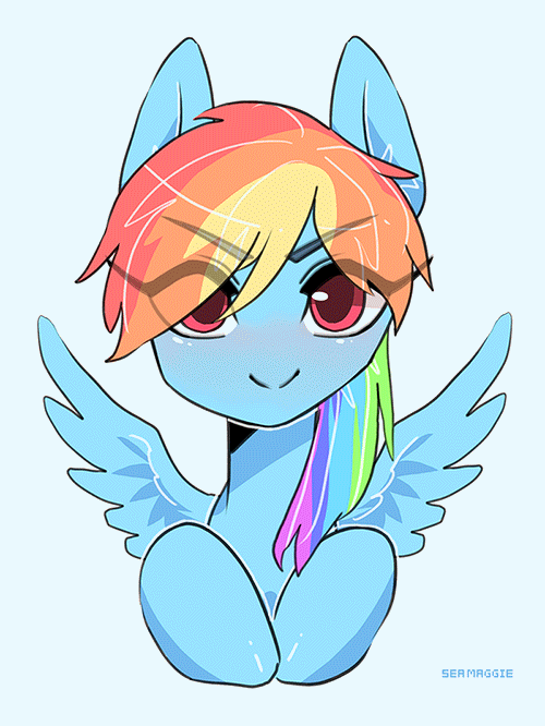 Size: 500x666 | Tagged: safe, artist:seamaggie, character:rainbow dash, species:pegasus, species:pony, animated, blinking, blushing, bust, cute, dashabetes, eye clipping through hair, eyebrows, eyebrows visible through hair, female, flapping, gif, looking at you, mare, portrait, seamaggie is trying to murder us, solo, wing flap