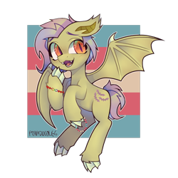 Size: 894x894 | Tagged: safe, artist:occultusion, character:flutterbat, character:fluttershy, species:bat pony, species:pony, alternate hairstyle, bat ponified, blushing, bracelet, claws, cute, fangs, flying, hoof hold, jewelry, lgbt headcanon, male, open mouth, pride, race swap, raised hoof, redesign, shyabates, shyabetes, solo, stallion, trans boy pride flag, trans male, transgender