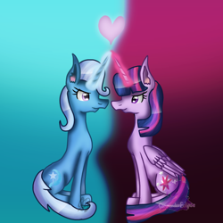 Size: 768x768 | Tagged: safe, artist:commandereclipse, character:trixie, character:twilight sparkle, character:twilight sparkle (alicorn), species:alicorn, species:pony, species:unicorn, ship:twixie, eye contact, female, lesbian, looking at each other, mare, shipping, sitting