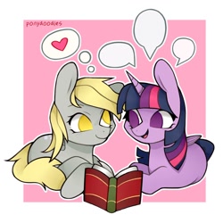 Size: 894x894 | Tagged: safe, artist:occultusion, character:derpy hooves, character:twilight sparkle, character:twilight sparkle (alicorn), species:alicorn, species:pegasus, species:pony, ship:twerpy, book, cute, derpabetes, dialogue, female, heart, lesbian, mare, no pupils, open mouth, prone, reading, shipping, speech bubble, thought bubble, twiabetes