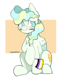 Size: 794x1007 | Tagged: safe, artist:occultusion, character:vapor trail, species:pegasus, species:pony, g4, cute, face paint, female, flag, hoof hold, lgbt headcanon, nonbinary, nonbinary pride flag, pride, pride flag, raised hoof, sitting, solo