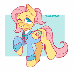 Size: 865x838 | Tagged: safe, artist:occultusion, character:fluttershy, species:pegasus, species:pony, alternate hairstyle, blazer, blushing, clothing, cute, fancy, female, mare, necktie, one eye closed, ponytail, raised hoof, raised leg, shyabetes, solo, suit, three piece suit, wink