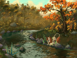 Size: 2048x1536 | Tagged: safe, artist:tinybenz, character:autumn blaze, species:kirin, autumn, cloven hooves, colored hooves, crouching, female, flower, foal's breath, forest, quadrupedal, river, scenery, scenery porn, solo, stream, tree, water