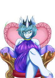 Size: 2480x3508 | Tagged: safe, artist:mantarwolf, oc, oc only, oc:freyja, species:anthro, species:changeling, species:reformed changeling, species:unguligrade anthro, anthro oc, big breasts, breasts, changedling oc, changeling oc, clothing, commission, crossed legs, crown, dress, fangs, female, gift art, gloves, ice changeling, jewelry, long gloves, regalia, sitting, smiling, throne, ych result