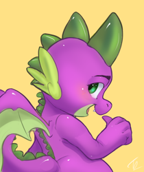 Size: 1148x1368 | Tagged: safe, artist:moondreamer16, character:spike, species:dragon, male, open mouth, pointing at self, profile, simple background, solo, winged spike, yellow background