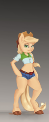 Size: 1200x3000 | Tagged: safe, artist:holymeh, edit, character:applejack, species:earth pony, species:pony, applejack's hat, arm hooves, belly button, clothing, cloven hooves, cowboy hat, cropped, daisy dukes, equestria girls outfit, female, gradient background, hat, looking at you, mare, midriff, semi-anthro, shirt, short shirt, shorts, smiling, solo