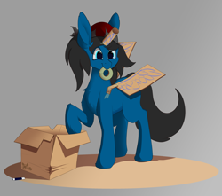 Size: 3218x2847 | Tagged: safe, artist:miaowwww, oc, oc:blue pone, species:alicorn, species:pony, cardboard, cardboard box, cardboard horn, cardboard wings, fake wings