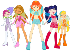 Size: 3536x2544 | Tagged: safe, artist:yaya54320, artist:yaya54320bases, base used, character:stella lashes, my little pony:equestria girls, barely eqg related, bloom, bloom (winx club), boots, clothing, convergence, crossover, dress, equestria girls style, equestria girls-ified, fairies, fairies are magic, fairy, fairy wings, fingerless gloves, flora, flora (winx club), gloves, headphones, high heel boots, high heels, magic winx, midriff, miniskirt, musa, rainbow s.r.l, shoes, side slit, skirt, stella (winx club), tecna, transformation, wings, winx, winx club