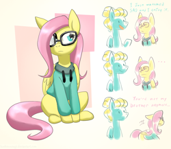 Size: 1500x1300 | Tagged: safe, artist:hoshinousagi, character:fluttershy, character:zephyr breeze, species:pegasus, species:pony, ..., anime, boopable, brother and sister, clothing, dialogue, duo, female, glasses, hipster, hoodie, male, mare, otaku, otakushy, siblings, sitting, stallion, sword art online