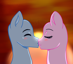 Size: 2400x2100 | Tagged: safe, artist:yumomochan, species:pony, auction, blushing, commission, eyes closed, female, kissing, male, mare, stallion, sun, sunset, ych sketch, your character here