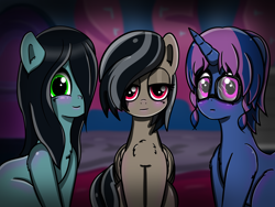 Size: 8000x6000 | Tagged: safe, artist:crimsonsky, oc, oc:dahlia do, species:pony, bed, bedroom, bedroom eyes, blushing, female, looking at you, mare, staring into your soul, trio