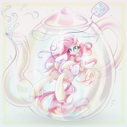 Size: 2000x2000 | Tagged: safe, artist:alexbluebird, character:fluttershy, species:pegasus, species:pony, bright, chest fluff, ear fluff, female, holding, looking at you, mare, solo, spread wings, teabag, teapot, three quarter view, underwater, unshorn fetlocks, water, wings