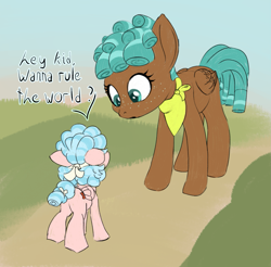 Size: 1527x1500 | Tagged: safe, artist:foal, character:cozy glow, character:spur, species:pegasus, species:pony, episode:growing up is hard to do, g4, my little pony: friendship is magic, butt, cozy glutes, dialogue, duo, female, filly, foal, plot, similarities, size difference, speech bubble, teenager