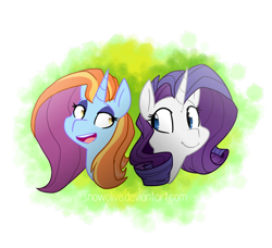 Size: 936x854 | Tagged: safe, artist:snowolive, character:rarity, character:sassy saddles, species:pony, species:unicorn, ship:rarisaddles, abstract background, bust, female, lesbian, mare, open mouth, smiling