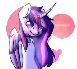 Size: 945x846 | Tagged: safe, artist:snowolive, character:twilight sparkle, character:twilight sparkle (alicorn), species:alicorn, species:anthro, species:pony, abstract background, alternate hairstyle, clothing, curved horn, cutie mark clothes, eyebrows, eyebrows visible through hair, female, horn, long horn, shirt, simple background, smiling, solo, transparent background