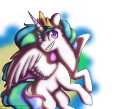 Size: 945x846 | Tagged: safe, artist:snowolive, character:princess celestia, species:alicorn, species:pony, abstract background, eye clipping through hair, female, flying, grin, jewelry, looking at you, mare, missing accessory, missing cutie mark, smiling, solo, speedpaint available, spread wings, tiara, wings