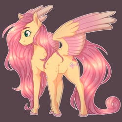 Size: 894x894 | Tagged: safe, artist:snowolive, character:fluttershy, species:pegasus, species:pony, brown background, colored hooves, colored wings, cutie mark, female, long mane, long tail, mare, simple background, solo, spread wings, wings