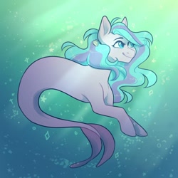 Size: 894x894 | Tagged: safe, artist:snowolive, oc, oc only, oc:swirly shells, species:pony, blank flank, crepuscular rays, female, mare, merpony, seashell, smiling, solo, underwater