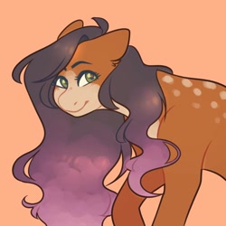 Size: 894x894 | Tagged: safe, artist:snowolive, oc, oc only, species:deer, species:pony, coat markings, dappled, female, floppy ears, looking at you, mare, orange background, original species, simple background, smiling, solo