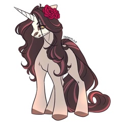 Size: 894x894 | Tagged: safe, artist:snowolive, oc, oc only, species:pony, species:unicorn, blank flank, body painting, dia de los muertos, eye clipping through hair, face paint, female, floppy ears, flower, flower in hair, gift art, long tail, mare, simple background, skull, skull face, solo, stray strand, white background