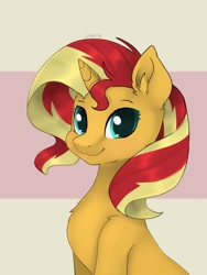 Size: 1536x2048 | Tagged: safe, artist:siripim111, character:sunset shimmer, species:pony, species:unicorn, g4, bust, chest fluff, cute, ear fluff, eyebrows, female, green eyes, mare, shimmerbetes, signature, simple background, sitting, smiling, solo, three quarter view