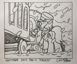 Size: 2048x1694 | Tagged: safe, artist:coaldustthestrange, character:all aboard, character:steamer, species:earth pony, species:pony, inktober, conductor, conductor hat, inktober 2019, lantern, snow, traditional art, train
