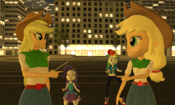 Size: 5120x3072 | Tagged: safe, artist:n3onh100, character:applejack, character:rainbow dash, character:rarity, my little pony:equestria girls, 3d, angry, applejack's hat, barrette, belt, clothing, cowboy hat, crying, denim skirt, geode of shielding, geode of super speed, gmod, hat, jacket, leggings, magical geodes, miniskirt, night, pants, parking lot, pencil skirt, pointing, rolled up sleeves, self paradox, shirt, shoes, skirt, skyscraper, sneakers, stetson, t-shirt, tree
