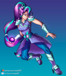 Size: 2282x2621 | Tagged: safe, artist:mandy1412, character:starlight glimmer, species:human, my little pony:equestria girls, alternate hairstyle, armpits, clothing, crystal guardian, female, gradient background, high res, human coloration, magical geodes, orb, pants, patreon, patreon logo, ponied up, solo, superhero