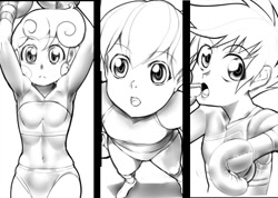 Size: 845x601 | Tagged: safe, artist:pugilismx, character:apple bloom, character:scootaloo, character:sweetie belle, boxing, cutie mark crusaders, humanized, monochrome, pixiv