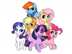 Size: 2048x1536 | Tagged: safe, artist:siripim111, character:applejack, character:fluttershy, character:pinkie pie, character:rainbow dash, character:rarity, character:twilight sparkle, character:twilight sparkle (alicorn), species:alicorn, species:earth pony, species:pegasus, species:pony, species:unicorn, chibi, cute, dashabetes, diapinkes, female, glowing horn, group, horn, jackabetes, mane six, raribetes, shyabetes, simple background, smiling, twiabetes, white background