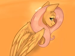 Size: 1024x768 | Tagged: safe, artist:siripim111, character:fluttershy, species:pegasus, species:pony, bedroom eyes, female, looking at you, looking back, looking back at you, mare, orange background, simple background, smiling, solo