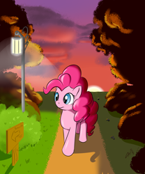 Size: 2000x2400 | Tagged: safe, artist:asajiopie01, character:pinkie pie, species:earth pony, species:pony, evening, female, forest, light, mare, sign, solo, streetlight, sunset, tree, walking
