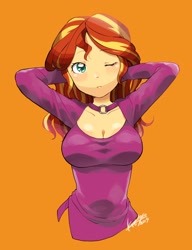 Size: 1574x2048 | Tagged: safe, artist:ku_rimo, character:sunset shimmer, my little pony:equestria girls, anime, arm behind head, big breasts, breasts, busty sunset shimmer, cleavage, cute, female, one eye closed, orange background, shimmerbetes, simple background, solo