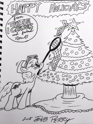 Size: 2855x3796 | Tagged: safe, artist:debmervin, oc, oc:turtle chaser, species:pony, black and white, christmas, christmas tree, grayscale, holiday, monochrome, net, tree, turtle