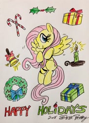 Size: 1004x1390 | Tagged: safe, artist:debmervin, character:fluttershy, species:pony, bell, candle, christmas, holiday, present, wreath