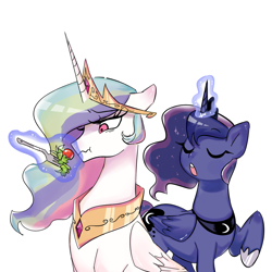 Size: 1000x1000 | Tagged: safe, artist:dilandau203, character:princess celestia, character:princess luna, species:alicorn, species:pony, aura, collar, crown, diet, do not want, duo, eating, feeding, female, food, fork, herbivore, horn, jewelry, levitation, magic, mare, necklace, one leg raised, open mouth, raised hoof, regalia, royal sisters, salad, scrunchy face, siblings, simple background, sisters, telekinesis, tiara, white background, wings