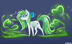 Size: 2100x1300 | Tagged: safe, artist:spirit-fire360, oc, oc only, oc:minty root, species:pony, species:unicorn, abstract background, bow, female, mare, pointy ponies, solo