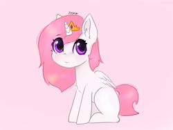Size: 2048x1536 | Tagged: safe, artist:siripim111, character:princess celestia, species:alicorn, species:pony, cewestia, cute, cutelestia, ear fluff, female, filly, pink background, pink-mane celestia, simple background, sitting, solo, young, young celestia, younger