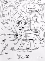 Size: 2595x3547 | Tagged: safe, artist:debmervin, character:applejack, species:pony, apple, banana, derp, female, food, monochrome, pear, pumpkin, silly, silly pony, solo, tired, traditional art, who's a silly pony, worm