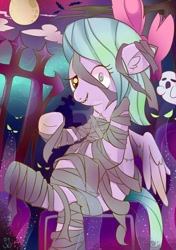 Size: 1024x1453 | Tagged: safe, artist:kumikoponylk, character:flitter, species:bat, species:pegasus, species:pony, clothing, costume, deviantart watermark, ear fluff, female, full moon, ghost, halloween, holiday, looking at you, mare, mismatched eyes, monster pony, moon, mummy, night, nightmare night, obtrusive watermark, solo, watermark