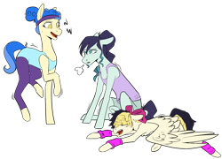 Size: 1441x1039 | Tagged: safe, artist:icey-wicey-1517, artist:sychia, edit, character:coloratura, character:sapphire shores, character:songbird serenade, species:earth pony, species:pegasus, species:pony, my little pony: the movie (2017), alternate hairstyle, bow, clothing, collaboration, color edit, colored, exercise, exhausted, female, hair bow, headband, leg warmers, leotard, lying down, mare, open mouth, raised hoof, raised leg, shorts, simple background, sitting, sweatband, tank top, transparent background, trio, underhoof, workout, workout outfit