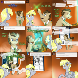 Size: 2254x2254 | Tagged: safe, artist:craftykraken, character:derpy hooves, character:doctor whooves, character:time turner, species:earth pony, species:pegasus, species:pony, lovestruck derpy, ask, crossover, doctor who, duo, female, floppy ears, male, mare, sonic screwdriver, stallion, tardis, tardis console room, tardis control room, the doctor, tumblr