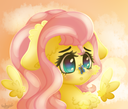Size: 1200x1024 | Tagged: safe, artist:kindny-chan, character:fluttershy, species:pegasus, species:pony, blushing, bust, butterfly, butterfly on nose, cheek fluff, chest fluff, ear fluff, female, floating wings, floppy ears, insect on nose, looking at something, mare, open mouth, portrait, solo, stray strand, three quarter view, wings