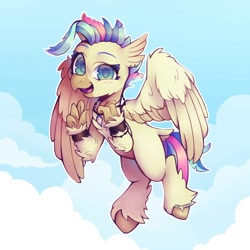 Size: 894x894 | Tagged: safe, artist:occultusion, character:terramar, species:classical hippogriff, species:hippogriff, g4, alternate hair color, bracelet, cute, dyed mane, ear piercing, earring, female, flying, jewelry, lgbt headcanon, necklace, older, older terramar, open mouth, piercing, pride, raised eyebrow, solo, trans female, transgender, transgender pride flag, wristband
