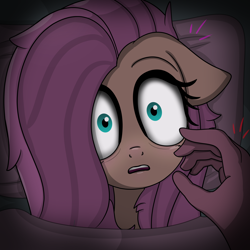 Size: 6000x6000 | Tagged: safe, artist:crimsonsky, character:fluttershy, species:human, species:pegasus, species:pony, bags under eyes, bed, bust, fanfic art, female, hand, mare, offscreen character, perspective, pov, scared, startled, surprised, wide eyes