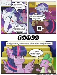 Size: 1024x1326 | Tagged: safe, artist:kingkero, character:rarity, character:spike, character:twilight sparkle, character:twilight sparkle (alicorn), species:alicorn, species:dragon, species:pony, comic:couches problem, ship:rarilight, blushing, comic, couch, fainting couch, female, lesbian, shipping, spread wings, twilight's castle, wingboner, winged spike, wings