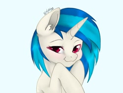 Size: 2048x1536 | Tagged: safe, artist:siripim111, character:dj pon-3, character:vinyl scratch, species:pony, species:unicorn, blushing, female, looking at you, missing accessory, smiling, solo