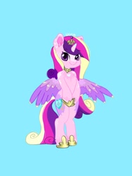 Size: 1100x1465 | Tagged: safe, artist:siripim111, character:princess cadance, species:alicorn, species:pony, bipedal, blaze (coat marking), chest fluff, colored wings, crown, cute, cutedance, cutie mark, female, hoof shoes, jewelry, looking at you, mare, markings, multicolored wings, regalia, semi-anthro, simple background, smiling, solo, standing, wings